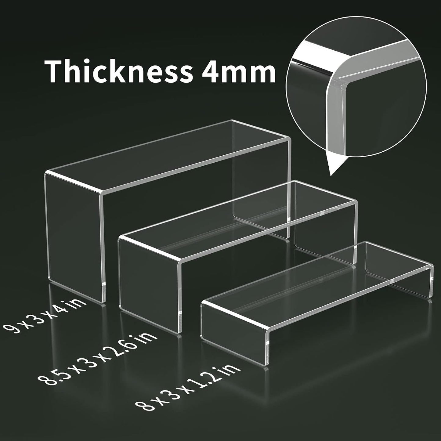 Acrylic Display Riser, 3 Step 9" Large Acrylic Risers | Clear Rectangular Display Shelf for Cupcake Stand, Tiered