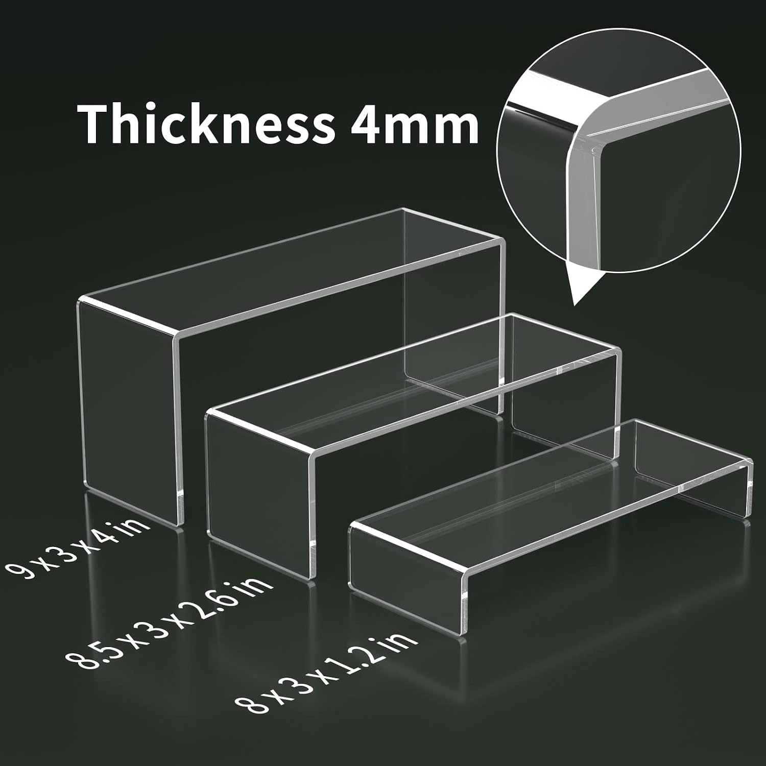 Acrylic Display Riser, 3 Step 9" Large Acrylic Risers | Clear Rectangular Display Shelf for Cupcake Stand, Tiered