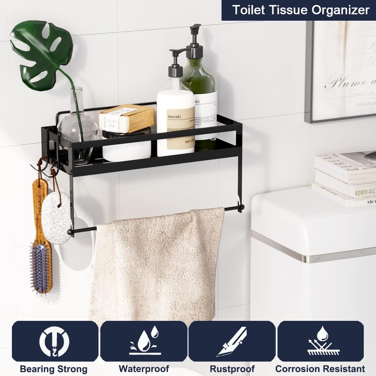 Paper Towel Holder with Shelf, Adhesive No Drill Heavy Duty | SS304 2-in-1 rack & basket, rustproof matte black.