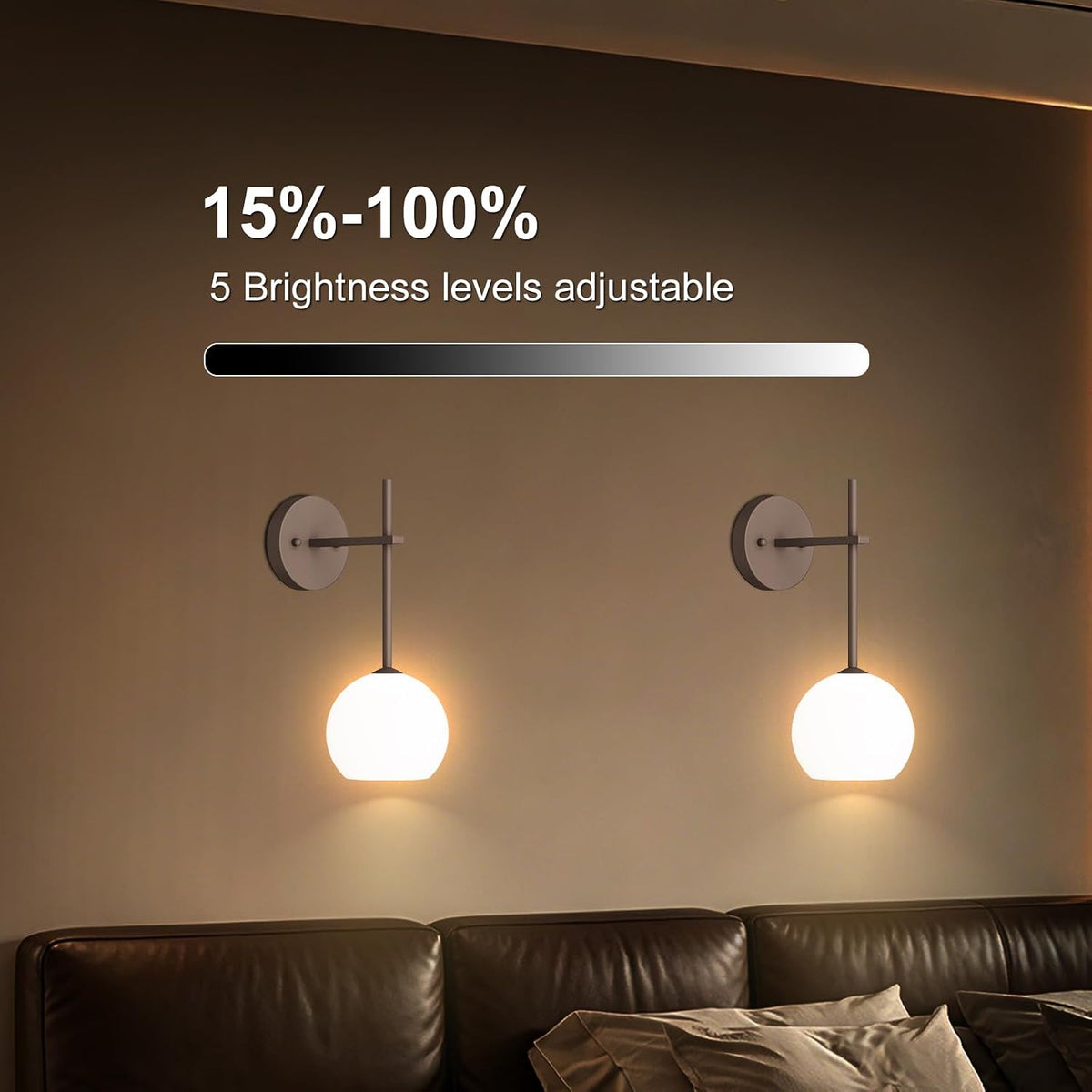 Brown Battery Operated Wall Sconces Set of 2, Rechargeable Wireless Wall Lights with Milky White Frosted Glass, 12 RGB