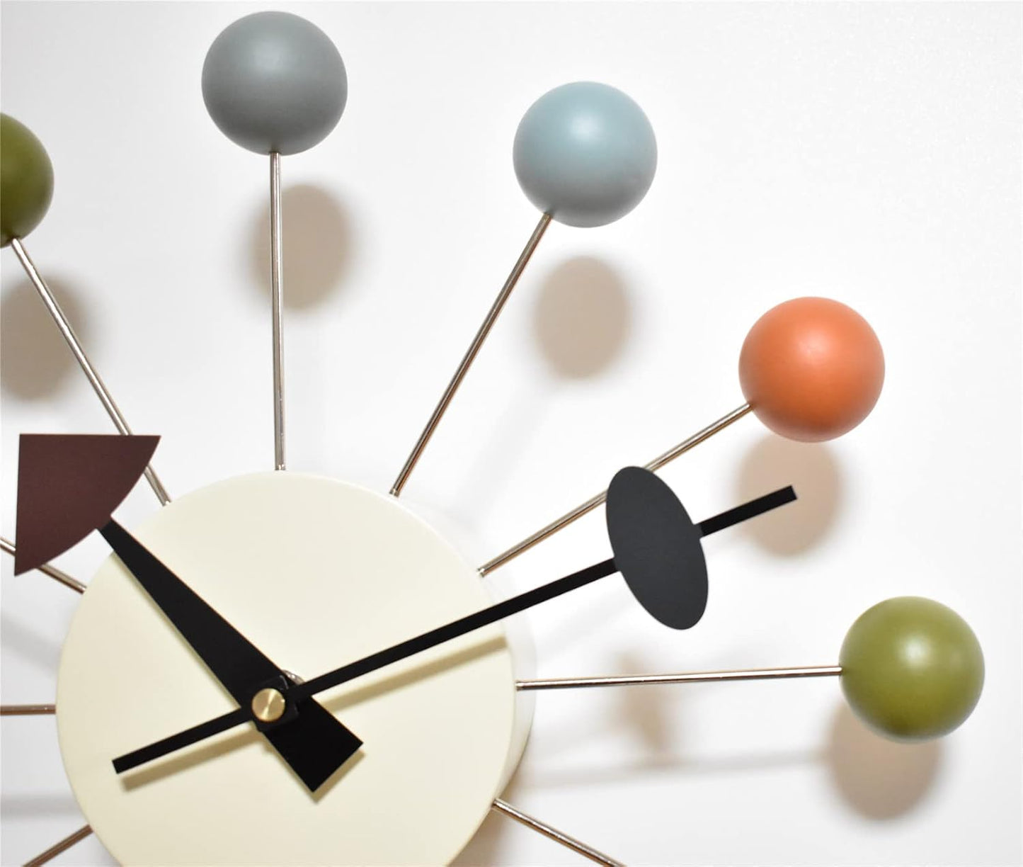 Wood Ball Wall Clock 13 Inch, Mid Century Modern | Battery Operated, Silent Non-Ticking, POP Color, Metal Frame, Decor