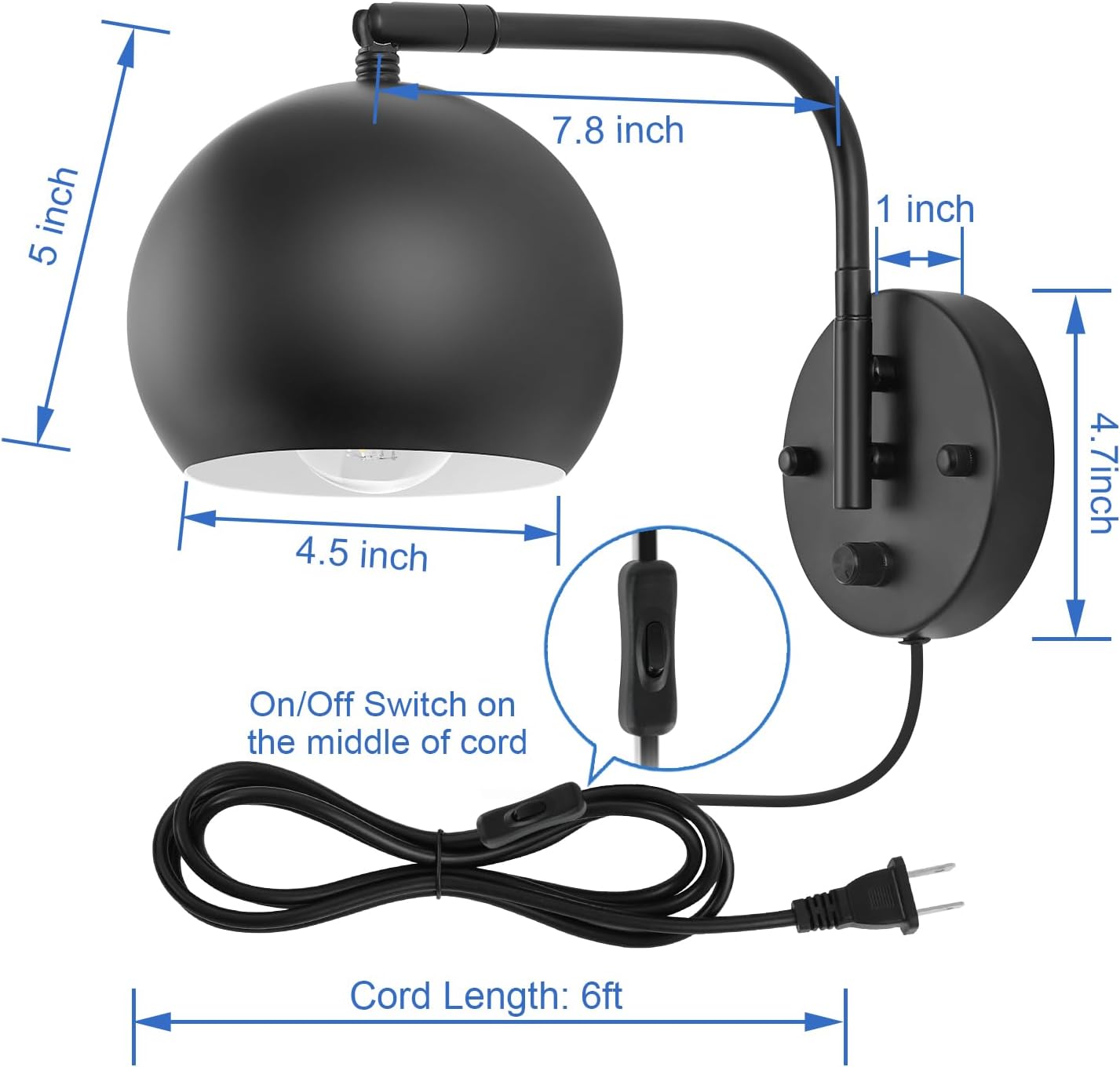 VATONI Dimmable Wall Sconces Set of 2, Plug in Wall Sconces Swing Arm Wall Lights with Plug in Cord and Dimmer On/Off
