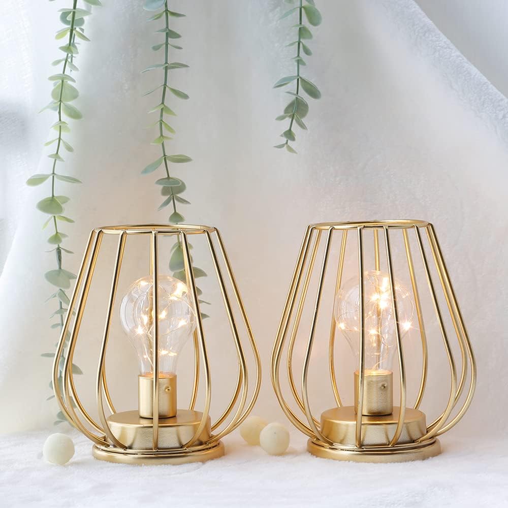 TRIROCKS Set of 4 Metal Battery Operated Lamp 7'' Tall Mini Cage Shape Cordless Table Lamp Battery Lanterns with Warm