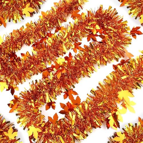 33Ft Thanksgiving Fall Tinsel Garland Shiny Hanging Gold Maple Leaf Metallic Twist Garland Autumn Decor for Fall Party Door Tree Garlands Decorations - (Gold)