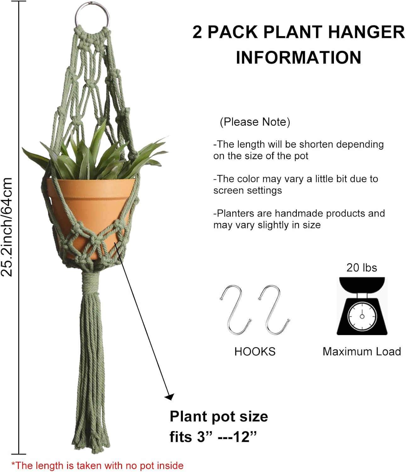 Macrame Hanging Planter / Olive Green / Set of 2