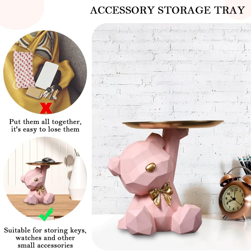 Geometric Bear Storage Tray Resin Lovely Nordic Bear Sculptures Keys Holder Lipsticks Jewelry / Pink