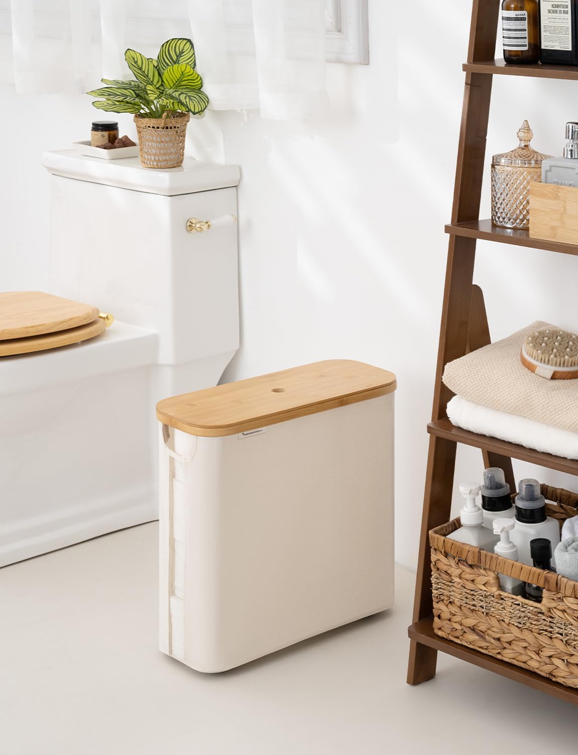 StorageWorks Toilet Paper Storage Basket with Bamboo Lid & Window | See Rolls at a Glance with Clear Window, Holds 16