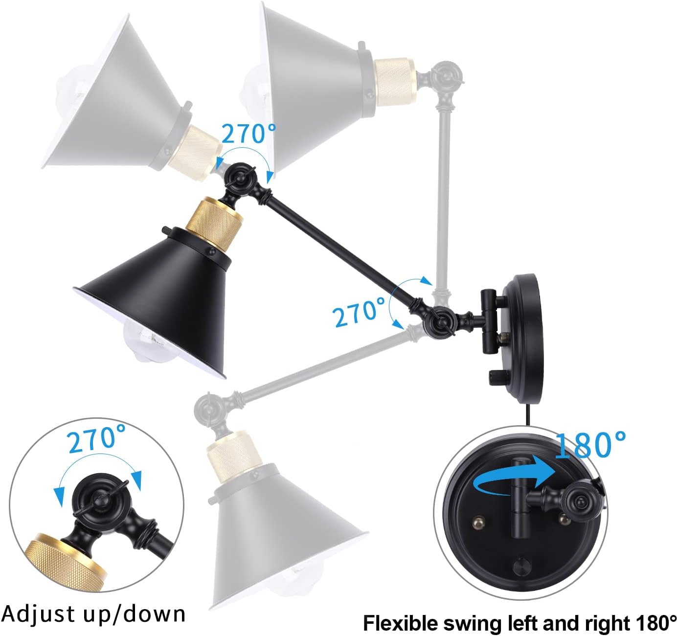 TRLIFE Wall Sconce Plug in, Dimmable Wall Sconce Wall Lights with Plug in Cord and Dimmer On/Off Knob Switch, Swing Arm