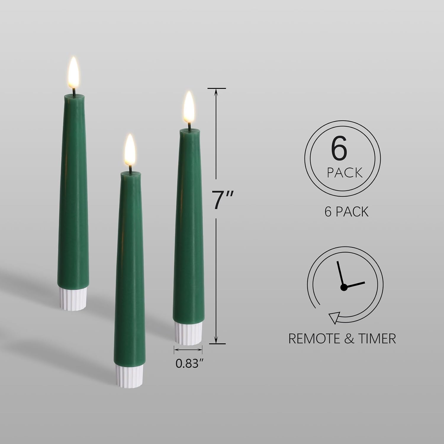 Short Green Flameless Taper Candles with Remote Set of 6 | Flickering LED Candlesticks, Real Wax Coating, 2 AAA Battery