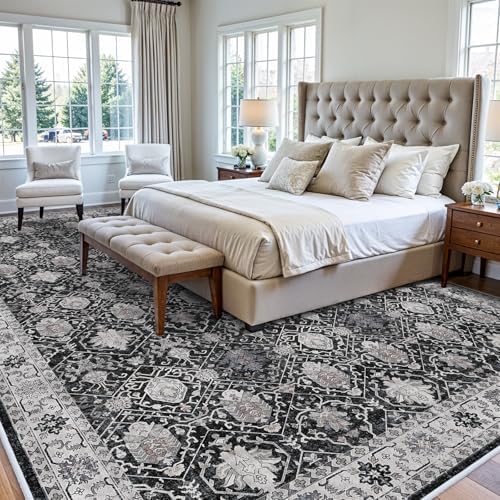 Vintage 10x14 Washable Area Rug: Large Living Room Rugs Indoor Soft Stain Resistant Carpet with Non-Slip Backing for