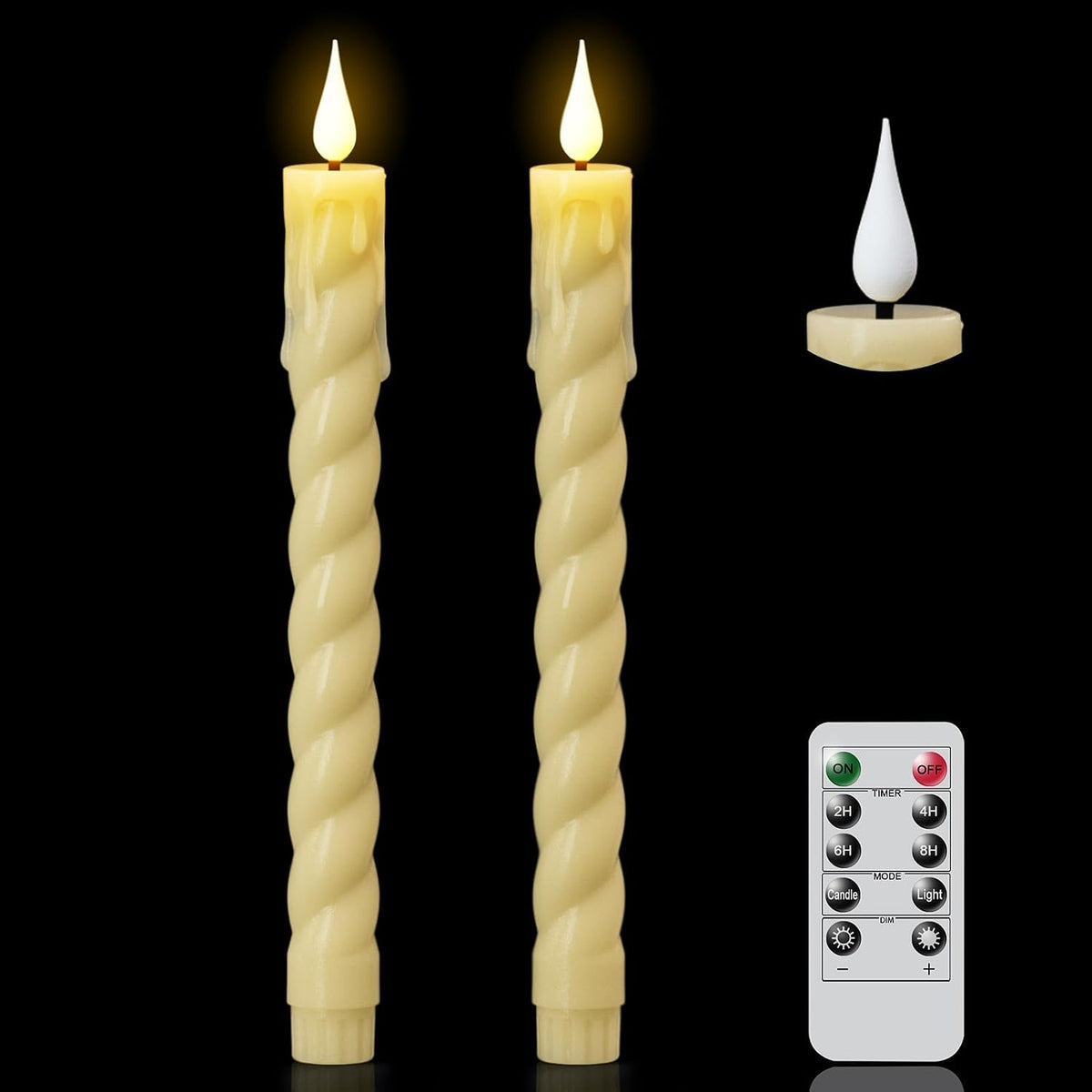 Ivory Flameless Taper Candles Battery Operated with Remote Timer
