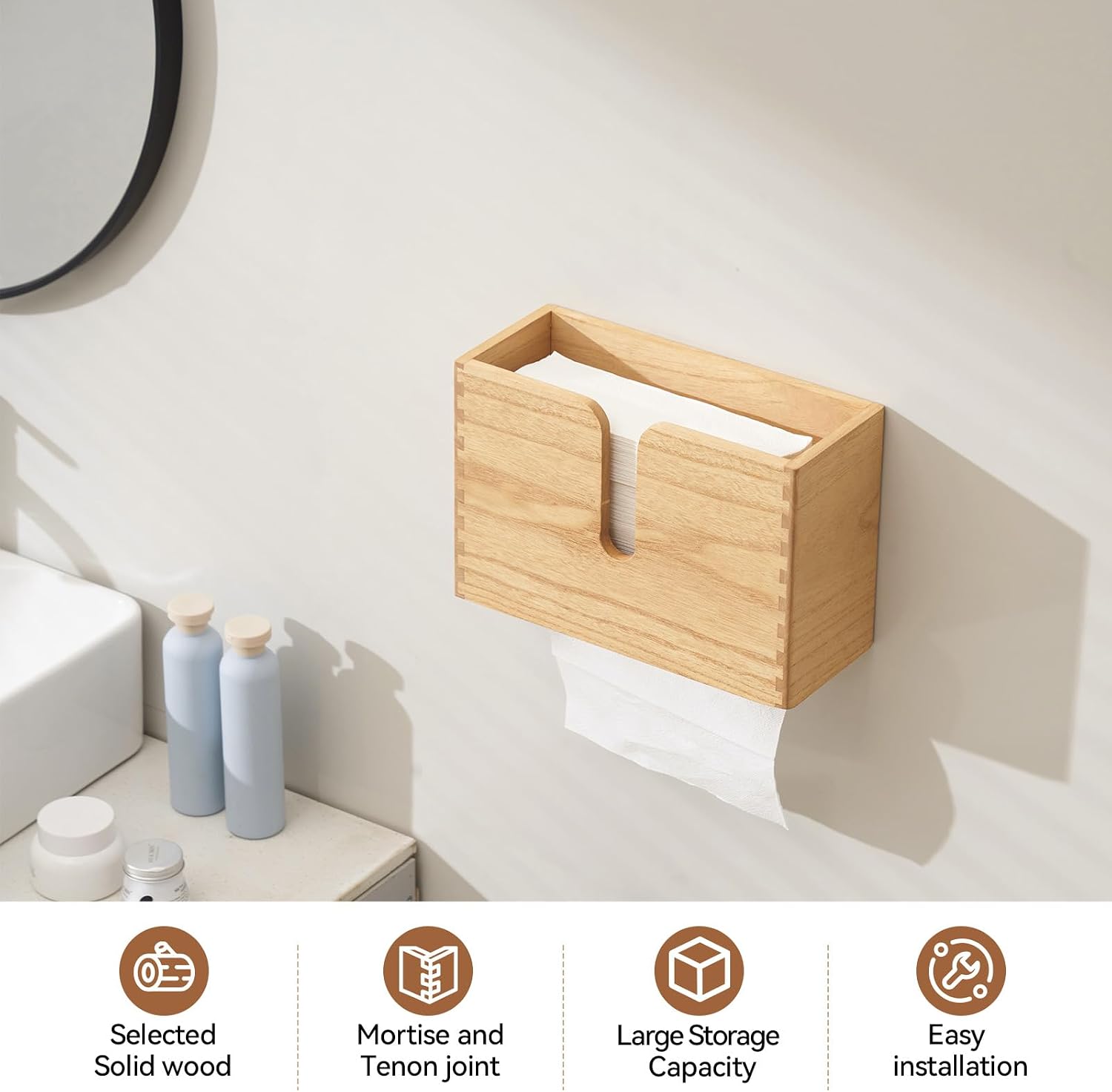 KIRIGEN Multifold Paper Towel Dispenser, Wall Mount or Countertop Natural | Solid Wood Holder Holds up to 150 C-Fold or