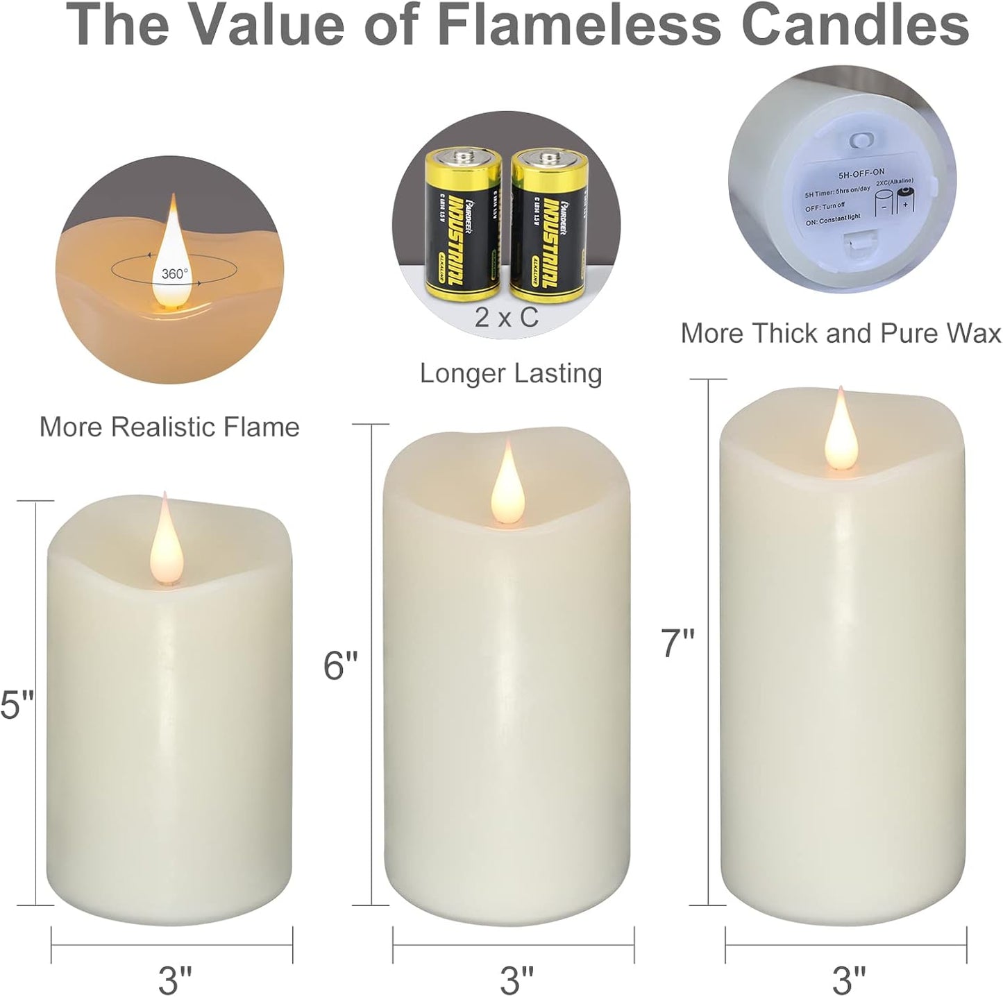Flickering Flameless Candles with 3D Moving Flame Set of 3(H 5" 6" 7" x D 3"), Last 1000+ Hours Battery Operated