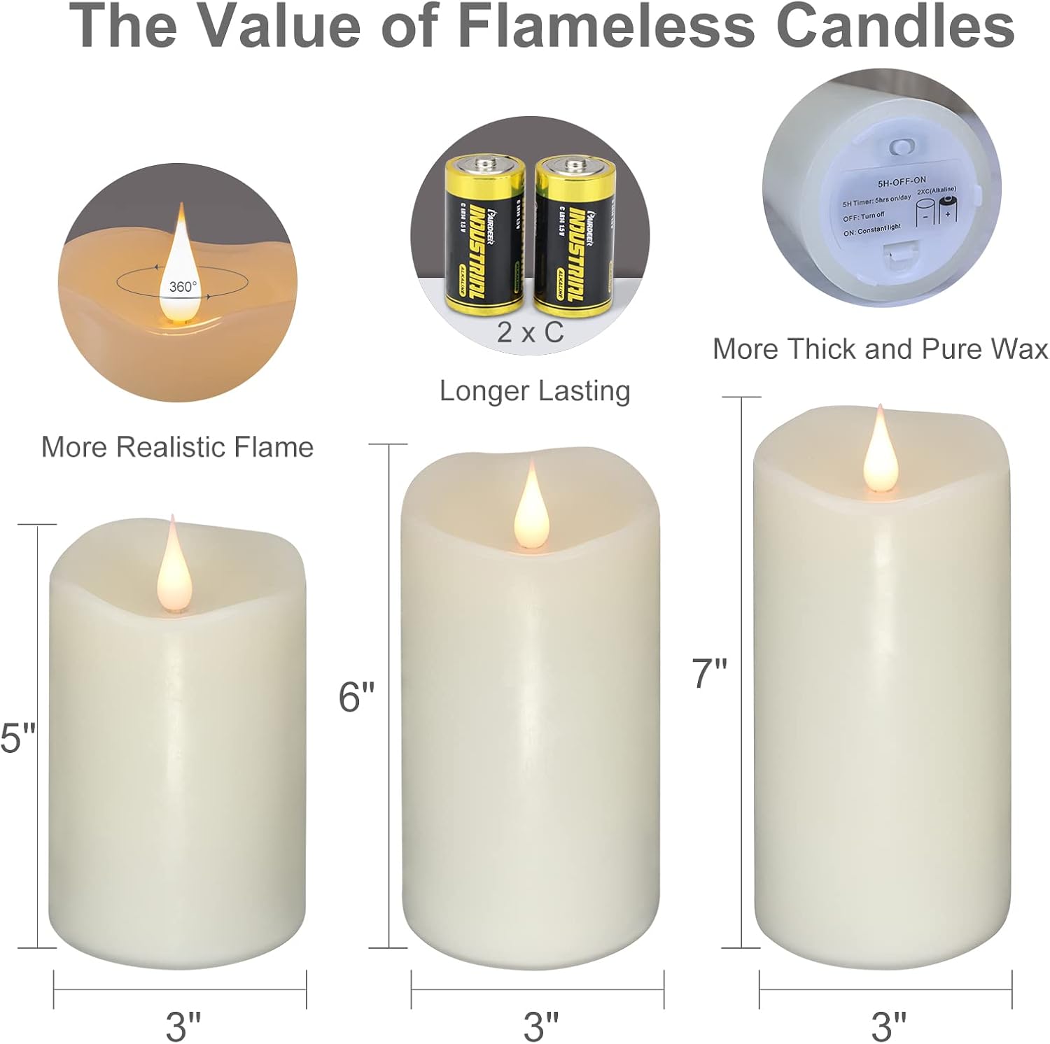 Flickering Flameless Candles with 3D Moving Flame Set of 3(H 5" 6" 7" x D 3"), Last 1000+ Hours Battery Operated