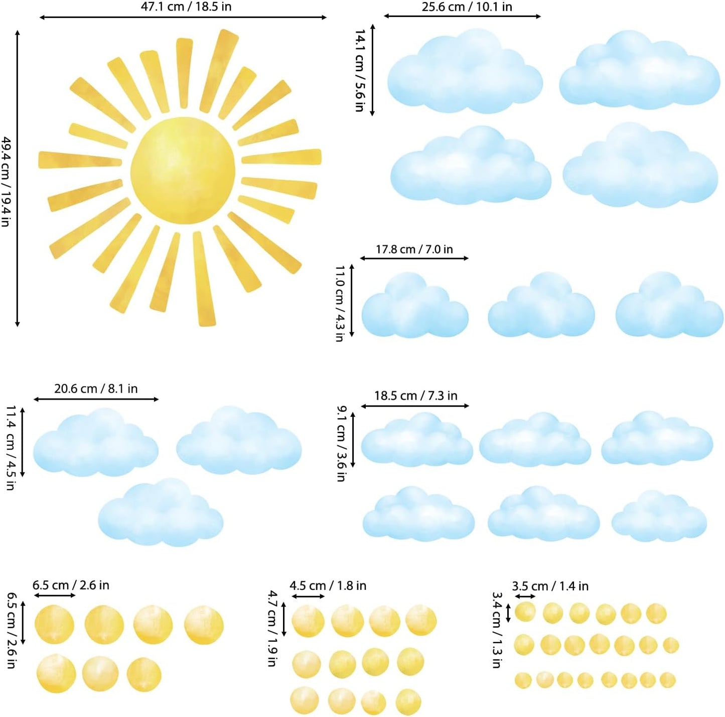 DS12-8079 Sun Clouds Polka dot Wall Stickers Decals Art Baby Bedroom Boho / Clouds Sun / Set of 78