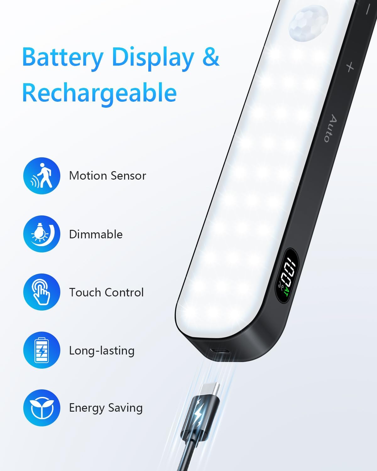 Ferswe Under Cabinet Lights Rechargeable, Battery Level Display, 60 LED Motion Sensor Cabinet Light, Dimmable Touch