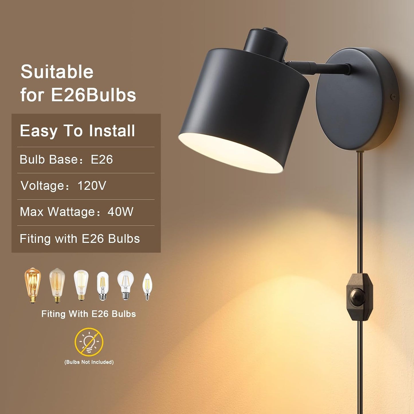Lightess Black Plug in Wall Sconces Set of 2 Dimmable Corded with Switch | 350° Rotatable Lamp Head, Dimmable Corded