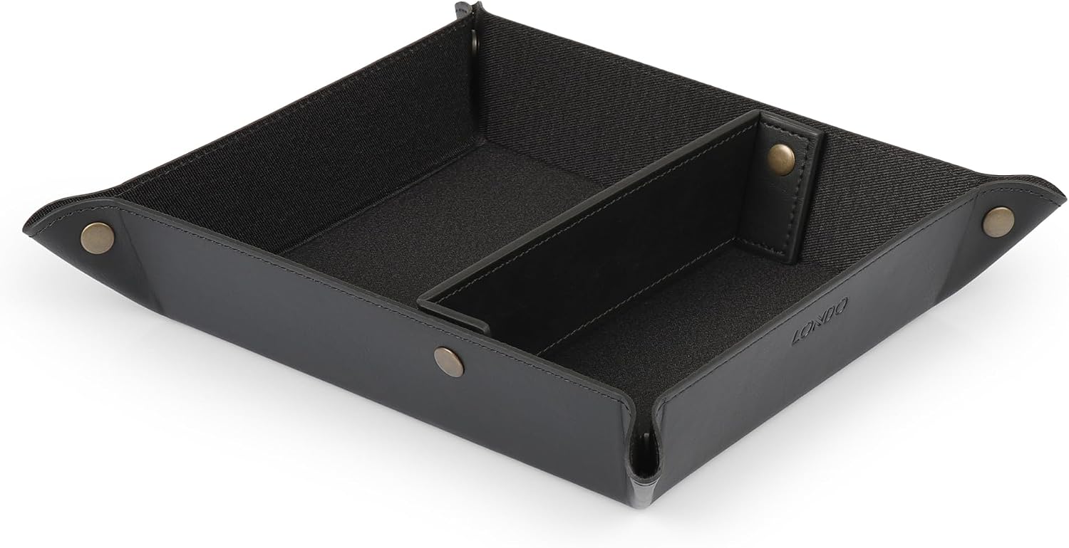 Londo PU Vegan Leather Valet Tray for Men — Brown Exterior with Black Interior Lining, Catchall EDC Organizer for Keys