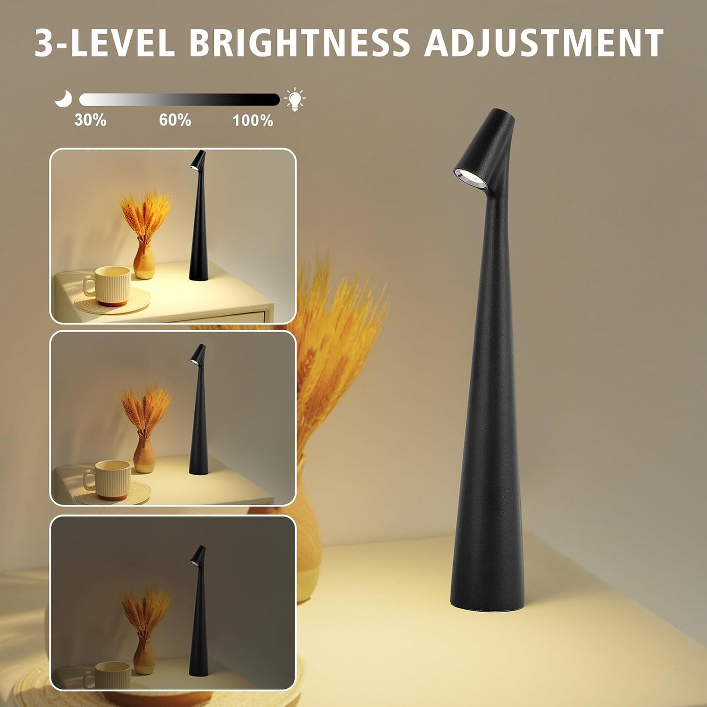 Black Set of 2 Cordless Table Lamps Rechargeable Battery Operated Lamp Touch,Waterproof Desk Lights for