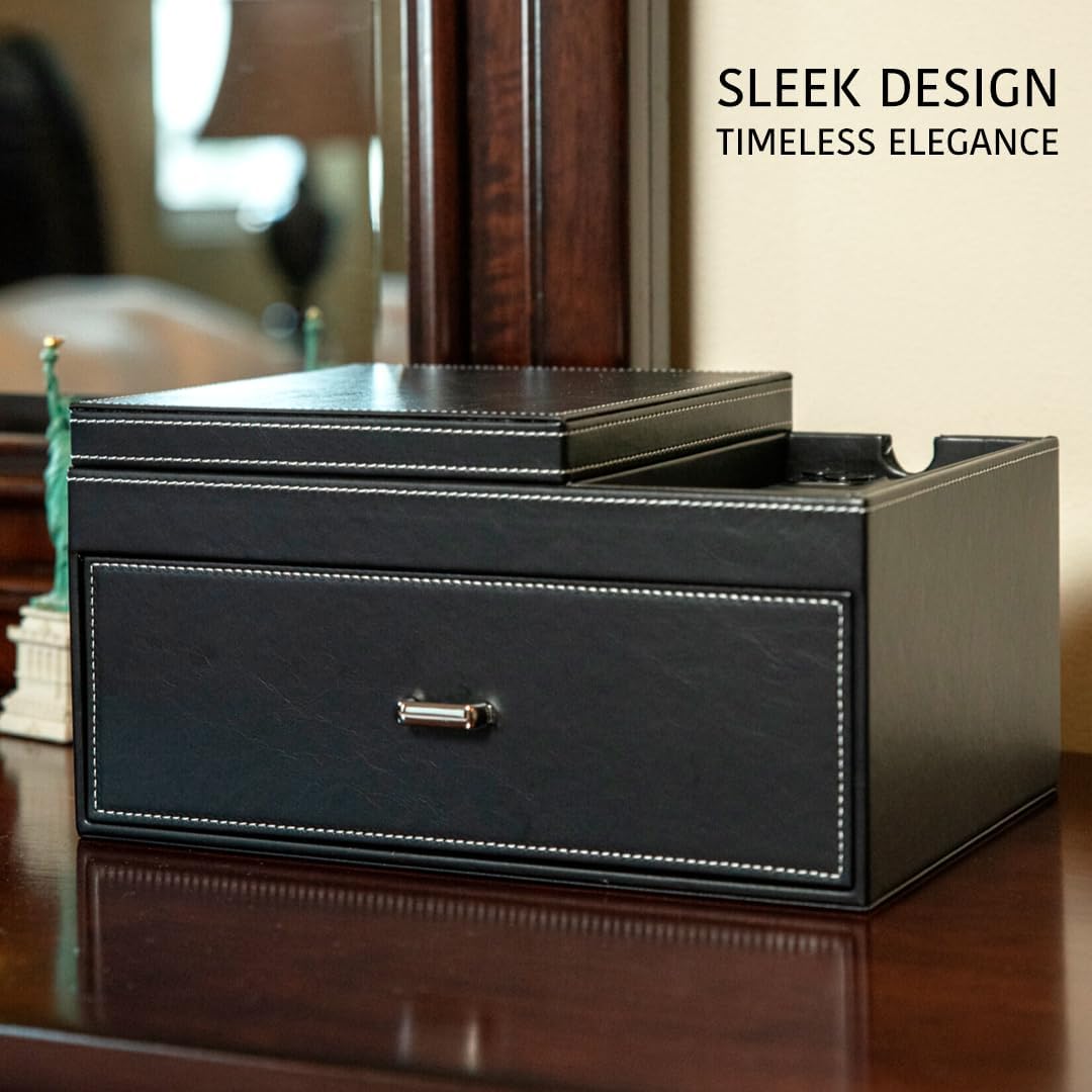 Mens Jewelry Box Organizer & Dresser Valet Tray - Premium Nightstand Station for Watches, Rings, and Accessories