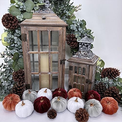 Winlyn 12 Pcs Assorted Small Faux Rustic Velvet Pumpkins Decorative Fabric Foam Pumpkins in Burgundy Bronze Gray White 3" for Fall Wedding Halloween Thanksgiving Table Centerpiece Décor