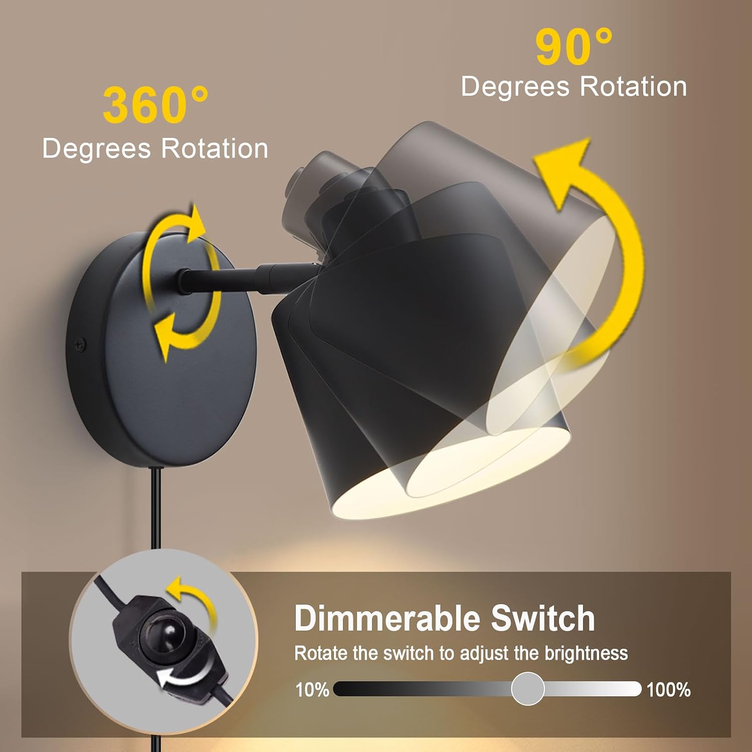 Lightess Black Plug in Wall Sconces Set of 2 Dimmable Corded with Switch | 350° Rotatable Lamp Head, Dimmable Corded