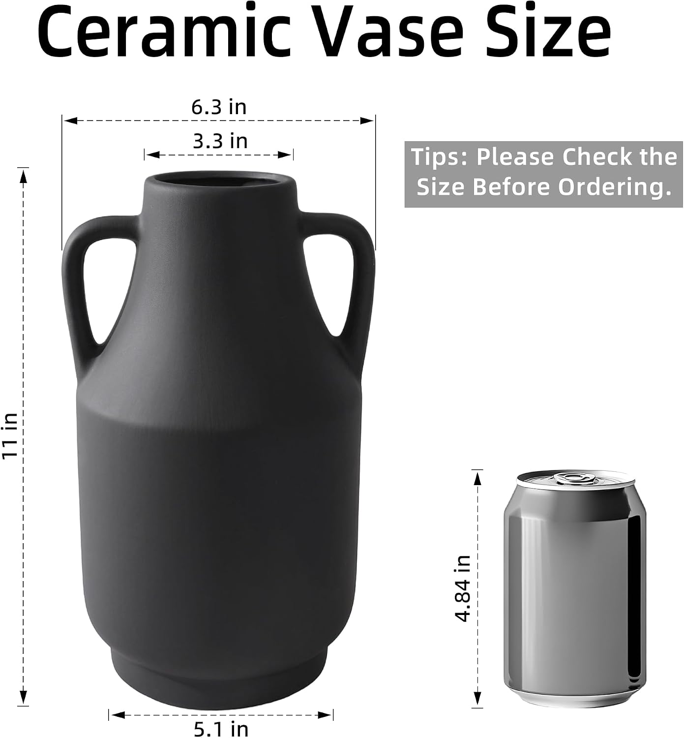Black Ceramic Flower Vase / 11inch Black / 11 Inch