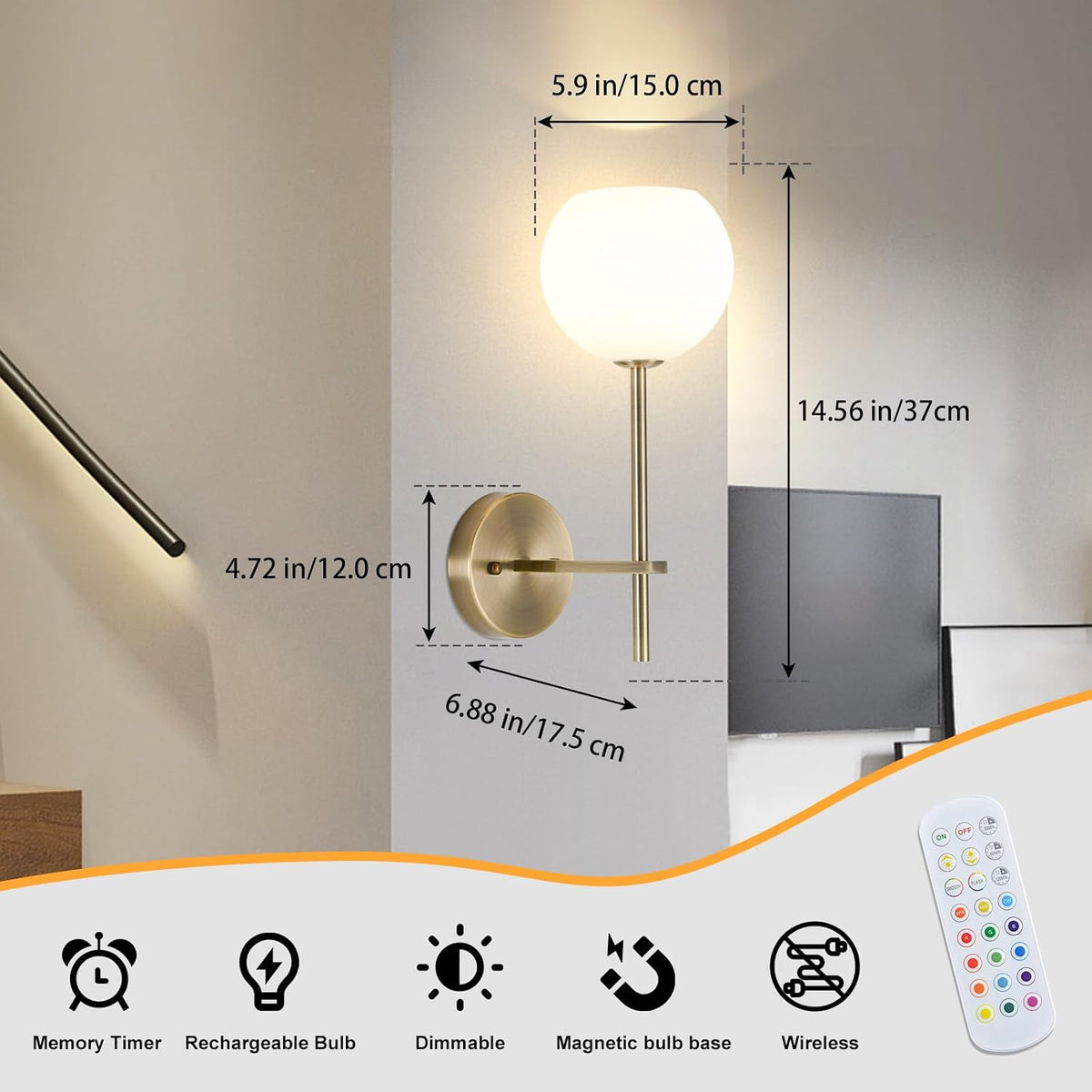 Brass Battery Operated Wall Sconces Set of 2, Rechargeable Wireless Wall Lights with Milky White Frosted Glass, 12 RGB