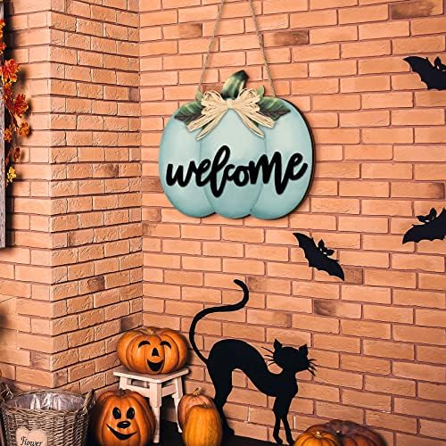 Jetec Fall Door Decor, Wooden Fall Pumpkin Welcome Sign Hanger, Dusty Blue