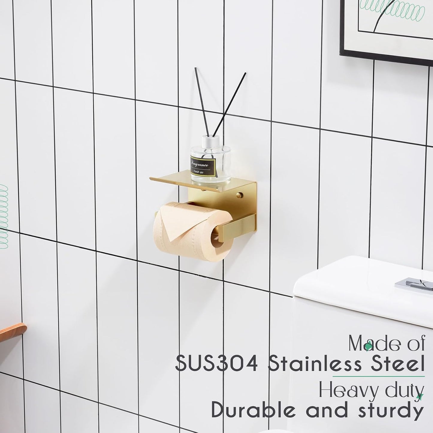 KOKOSIRI Roll Paper Holder Spring Loaded Tissue Paper Holder Bathroom Toilet Roll Holder with Shelf Wall Mounted