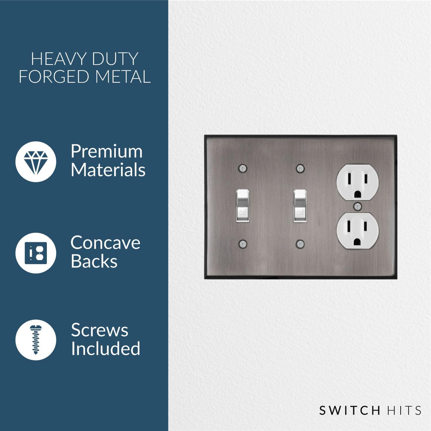 Antique Pewter Outlet Wall Plate | 2 Toggle - 1 Duplex | 6.25" x 4.5" | Hand-Polished Brass Construction | Electrical