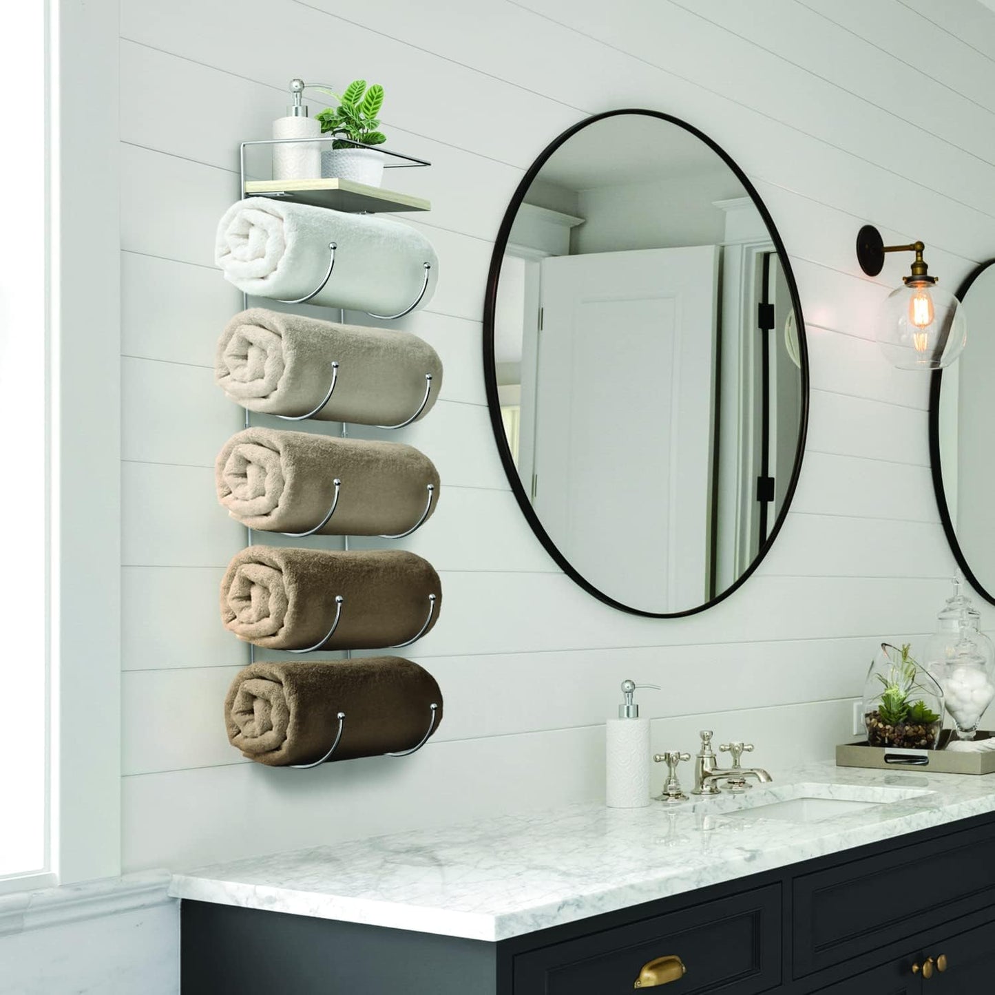 Sorbus Wall Towel Rack, 5-Tier Wood Shelf, Wall Mounted (Silver) | Five-tier metal holder for rolled bath towels
