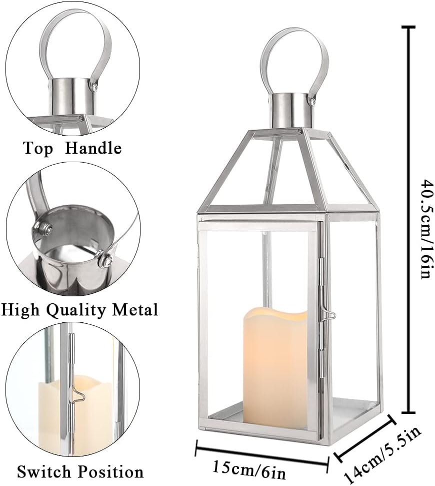 JHY Design Silver Decorative Lanterns 16inch High Stainless Steel Candle Lanterns with Tempered Glass for Indoor