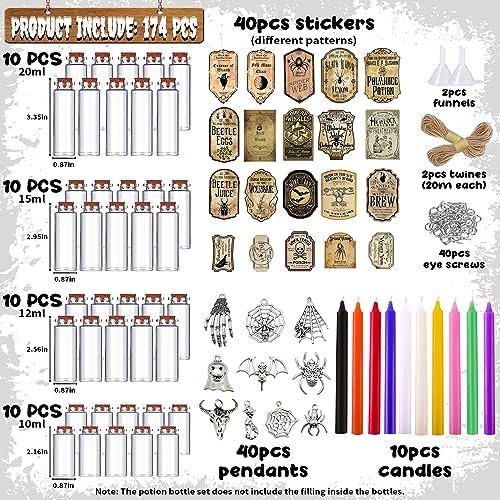 174 Pcs Apothecary Bottles with Cork, Indoor Witchcraft Supplies - Halloween Decorations with Labels, Pendants, Candles, Eye Screws, Twines for Tiered Tray Decor
