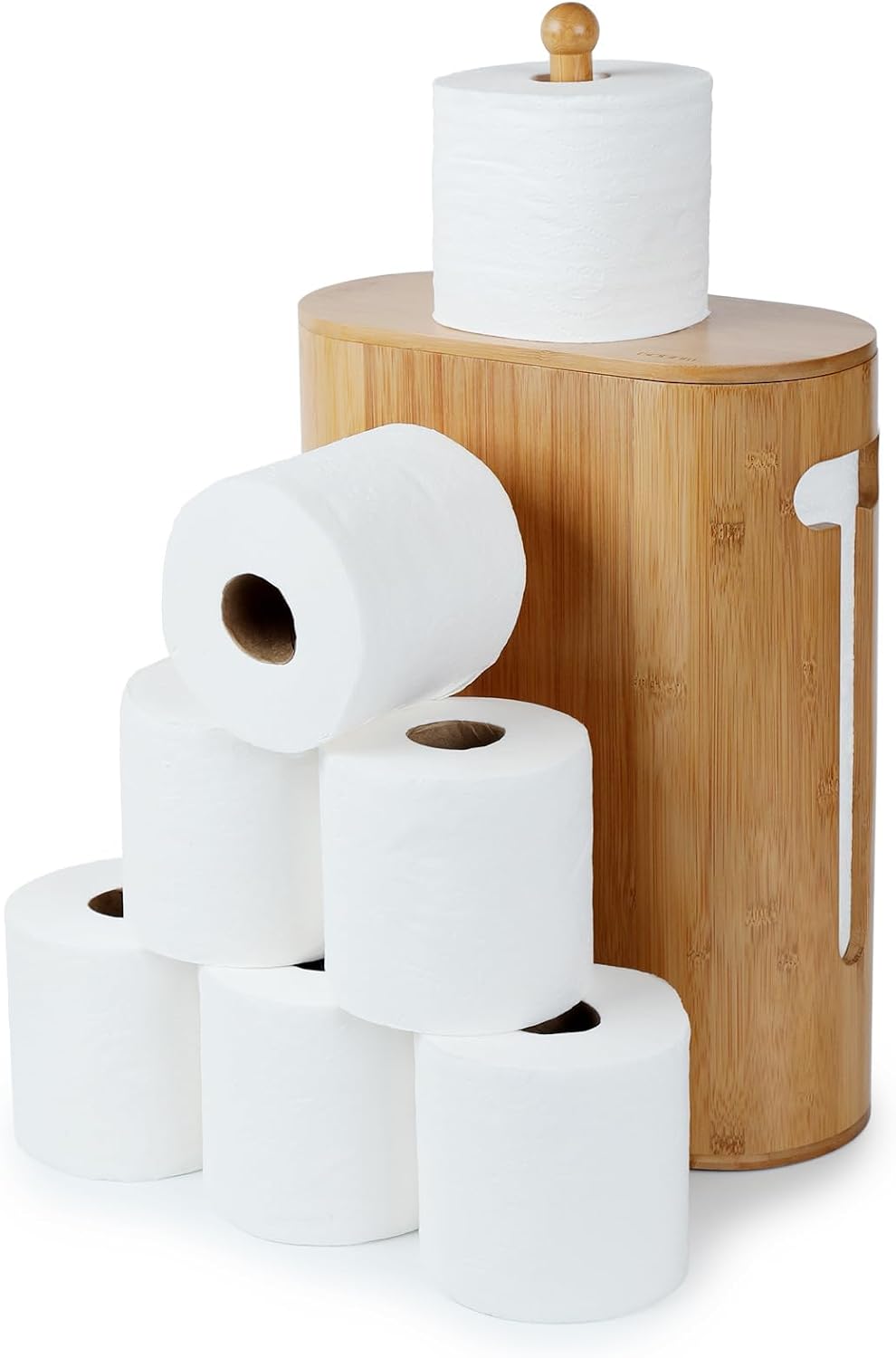 Gobam Bamboo Toilet Paper Storage with Dual-Use Lid, Freestanding Bathroom Tissue Organizer with Viewing Slot, Built-In