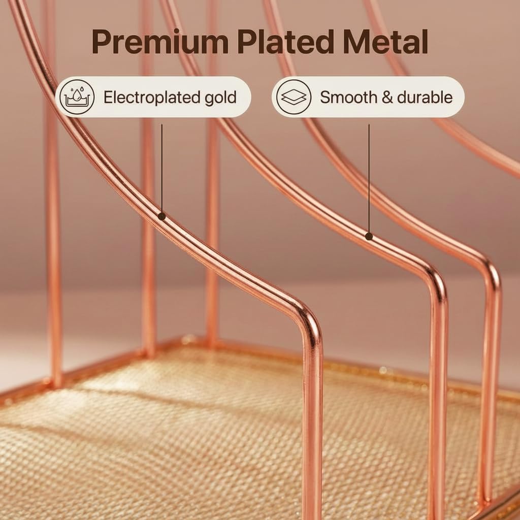 Rose Gold Binder Organizer for Desk, 5 Slot Metal Wire Vertical File Sorter with Mesh Bottom, Desktop Magazine Holder