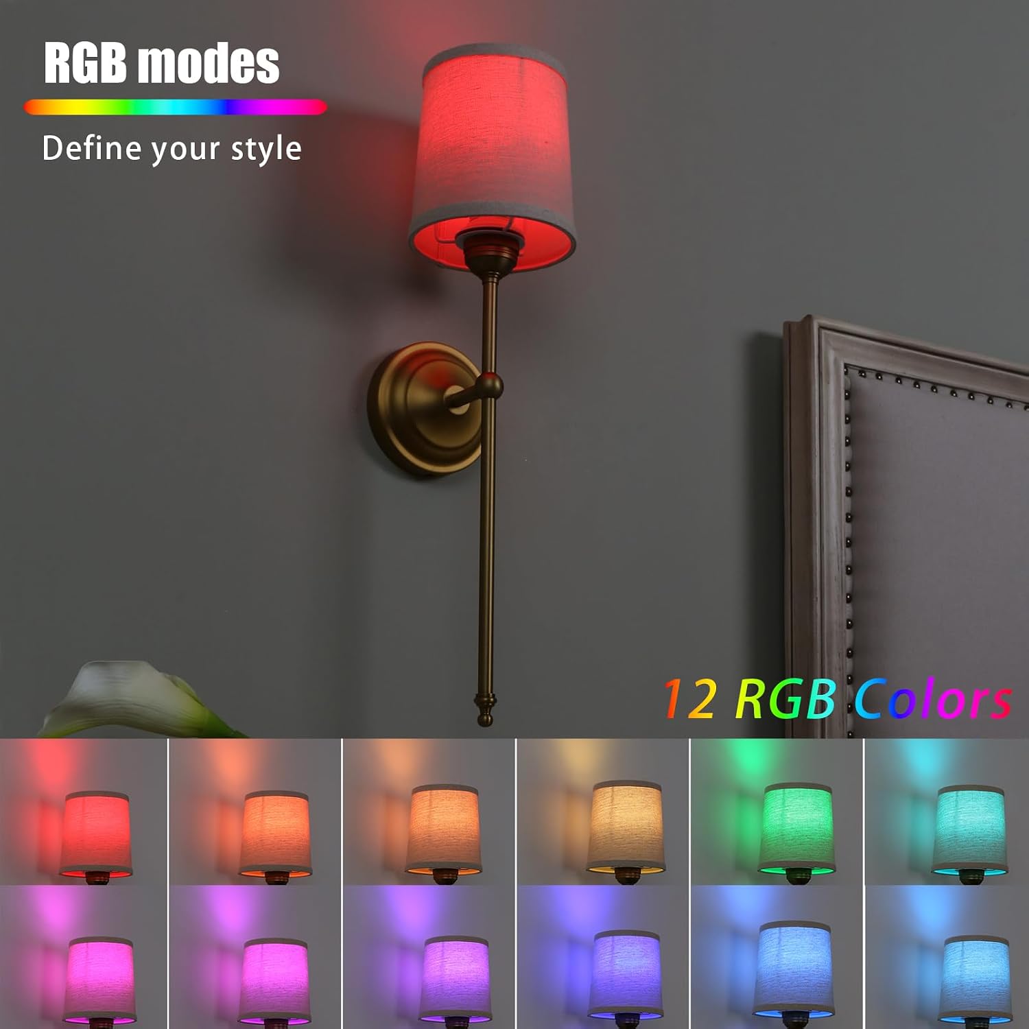 Battery Operated Sconces Wall Lighting Set of 2 with Fabric Shade | Linen Cloth Wall Sconces RGB Color Changing USB