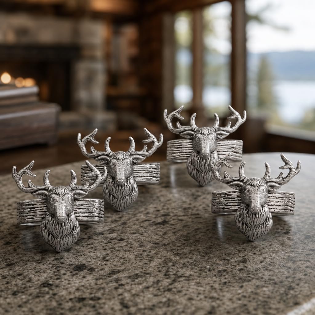 Arthur Court Elk Head Napkin Rings - Rustic Metal Set of 4 for Lodge Decor, Thanksgiving & Holiday Dining