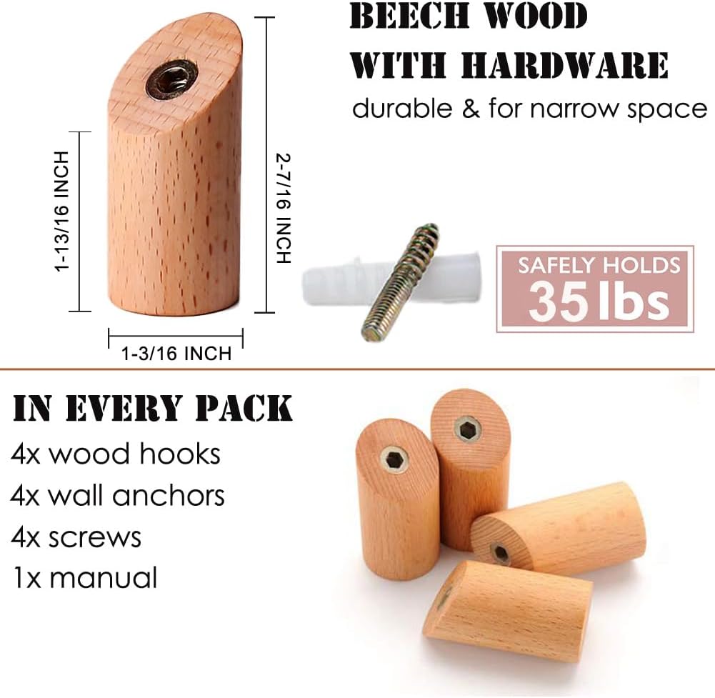 Wood Wall Hooks / B for Beech Wood / Set of 4