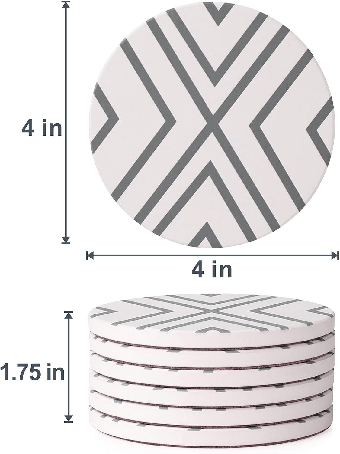 Holder / Ceramic Drink Coasters / Grey Line / 4 Inch / Set of 6