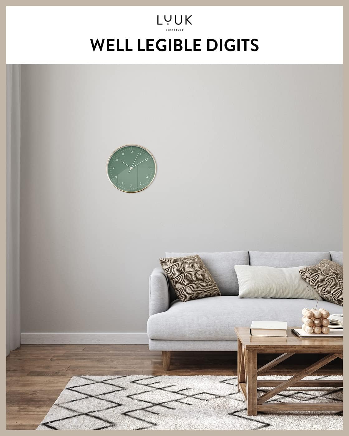 Modern Silent Quartz Wall Clock, 12in, Dark Green & Gold | Simple & Trendy, Gifting ideas, Analog, Easy-to-read