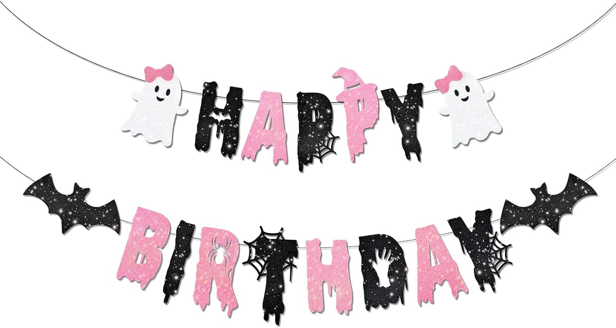 Pink Halloween Happy Birthday Banner – Cute Ghost and Bat Design with Glitter Letters and Spider Web Accents – Girly Halloween Party Decoration for Kids or Spooky Birthday Celebrations
