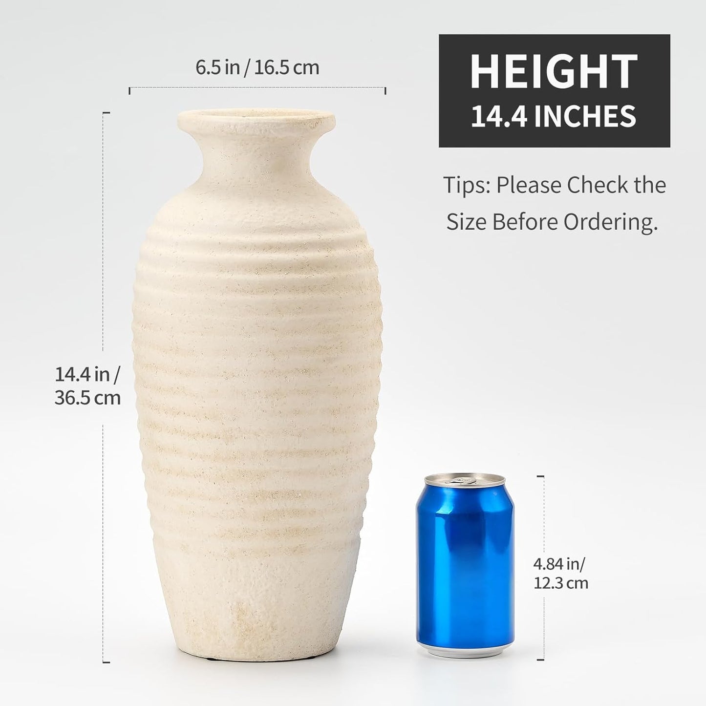 Ceramic Natural Rustic Vase / Off-white / 14.4 / 14.4 Inch