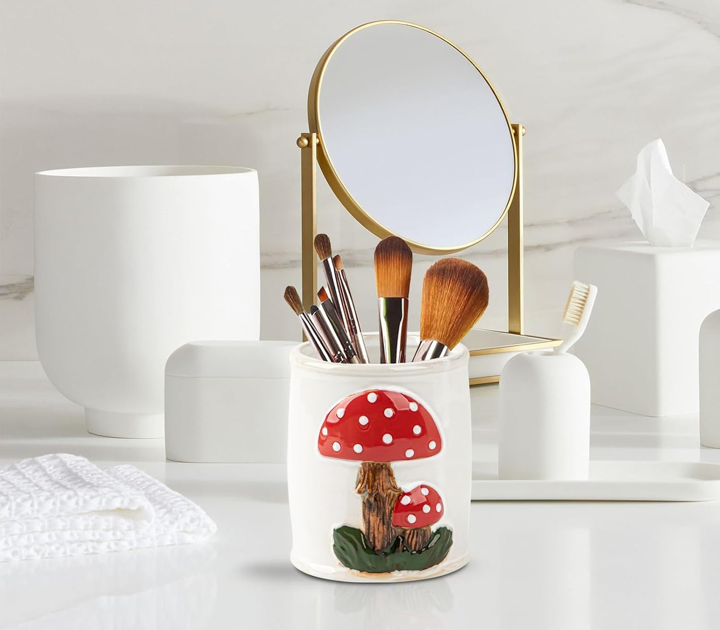 Mushroom Makeup Brush Holder Ceramic Makeup Brush Organizer Make Up Brush Holder Organizer / White