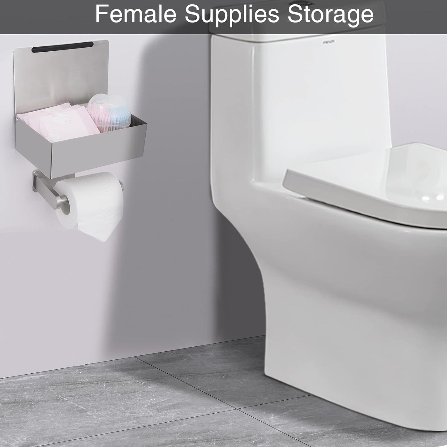 Adhesive Toilet Paper Holder with Shelf and Storage, Wall Mount Toilet Paper Roll Holder & Flushable Wipes Dispenser