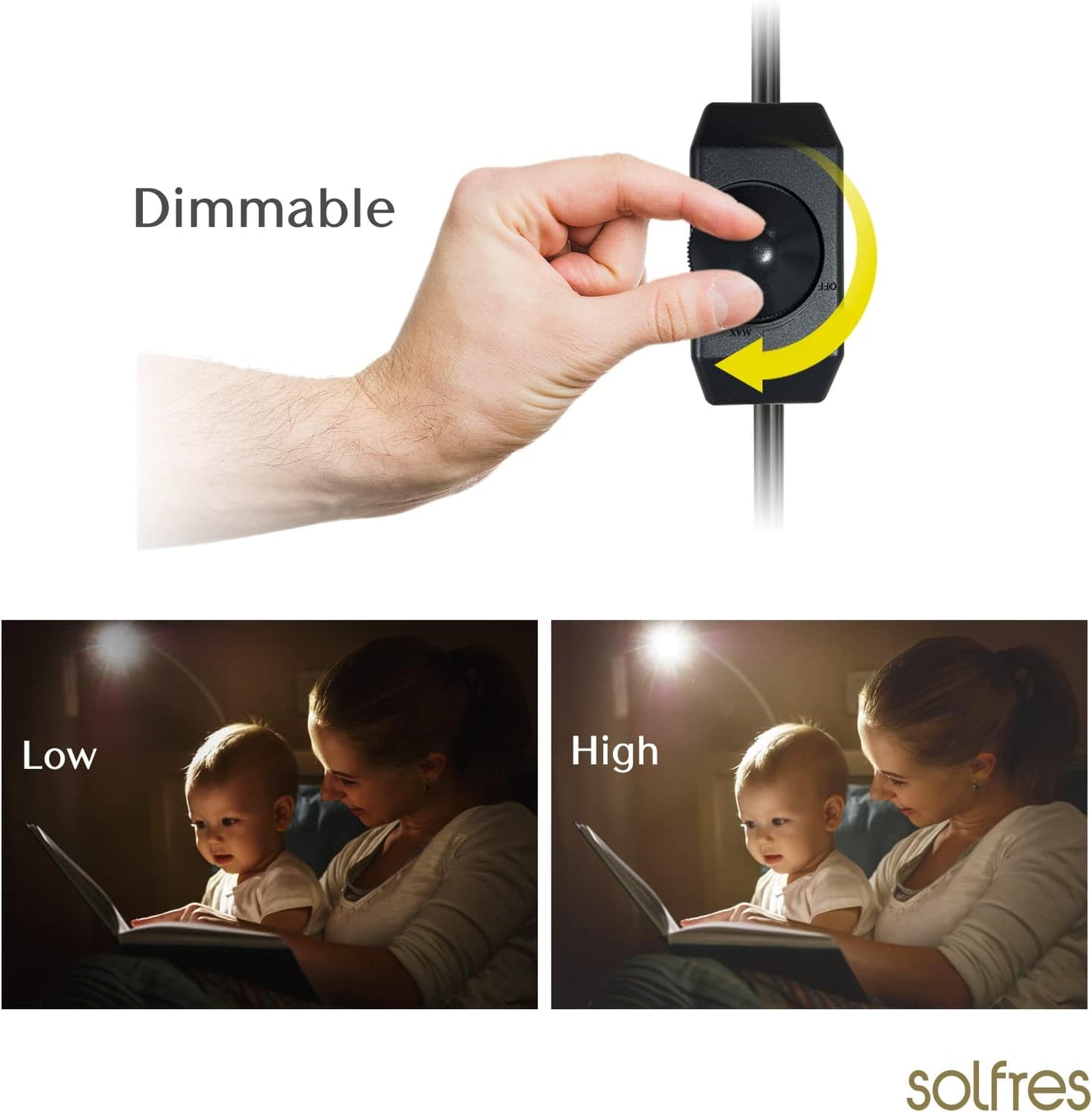 Patented Innovative Design Headboard Reading Light. No Drilling Golden Book Light for Bedtime Reading. Dimmable LED