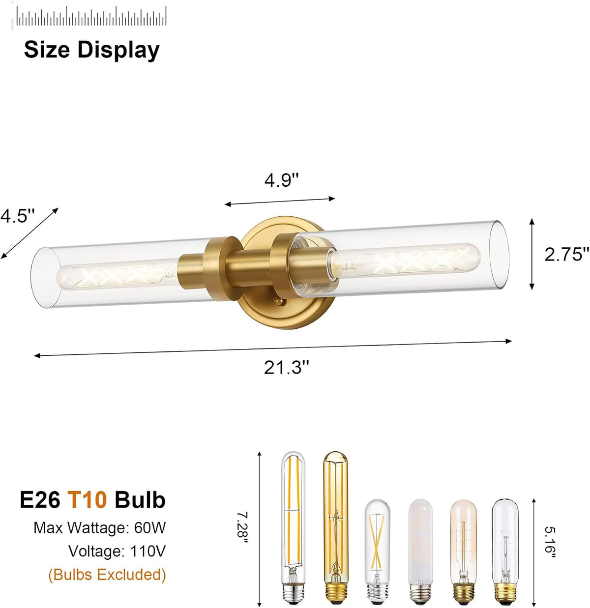 Brushed Gold Bathroom Vanity Light Fixture, 2-Light Modern Wall Sconce Lighting W/Clear Glass, Brass Wall Mount Lamp