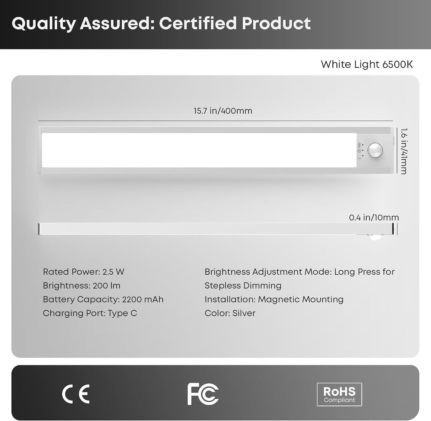 LROLTEF Under Cabinet Lighting Wireless, 2 Pack 15.7 inch 2200mAh 6500K Dimmable Motion Sensor Light Indoor