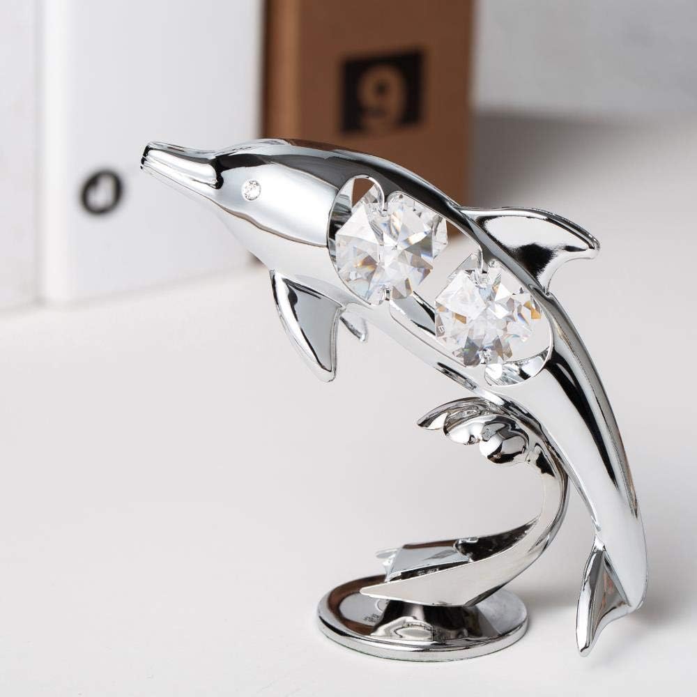 Chrome Plated Crystal Studded Dolphin Riding Wave Figurine Tabletop Ornament Decorative / Silver