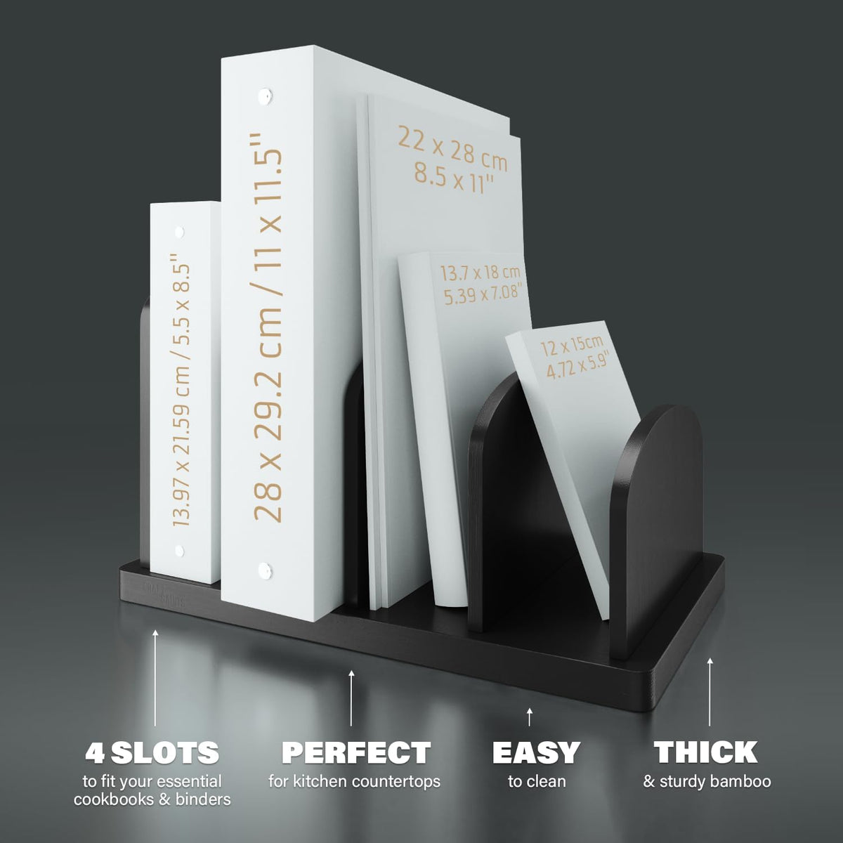 Cook Book Organizer, 4 Sections, Recipe Book Holder Rack, Tabletop Stand for Convenient Cookbook Storage, Vertical Cook